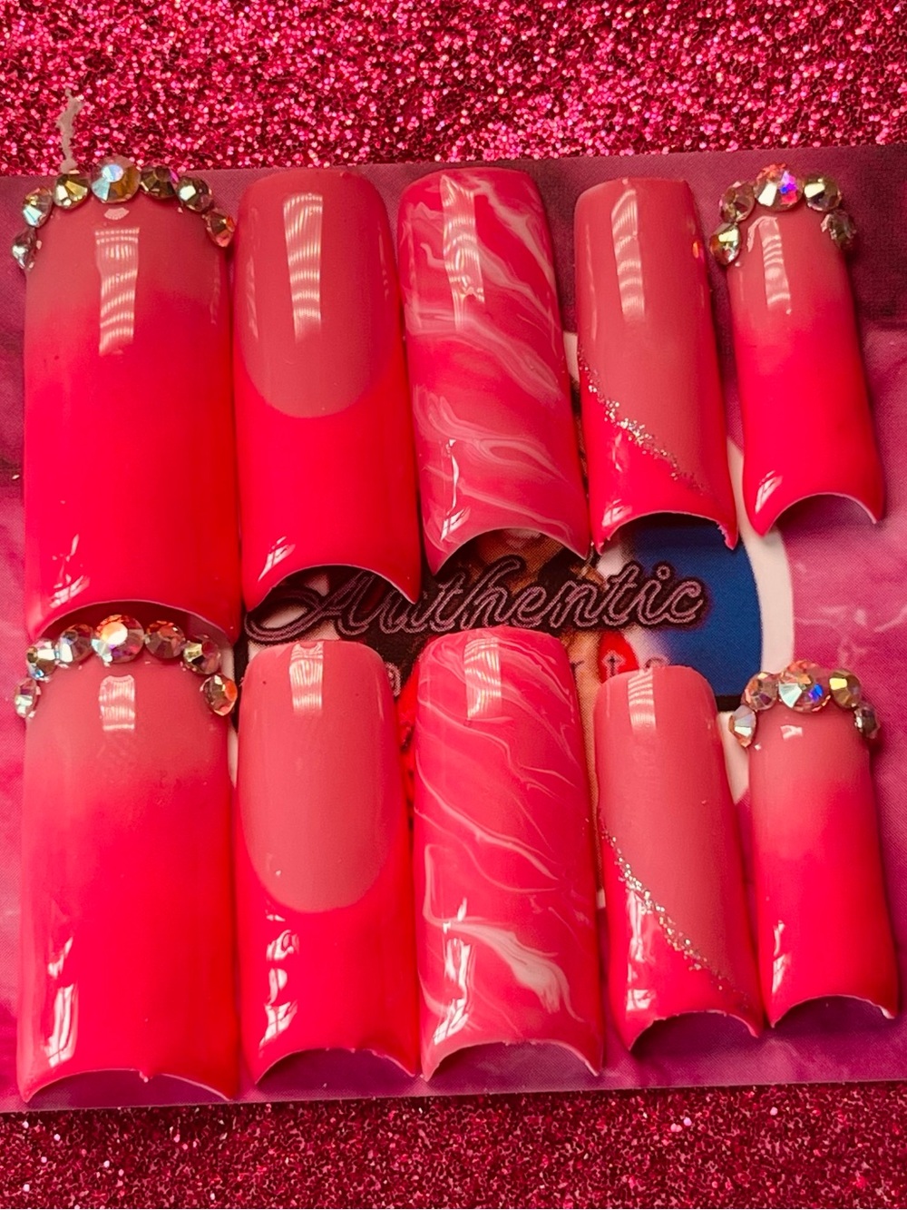 Hot Pink Ombre Marble Press-On Nails with Rhinestones